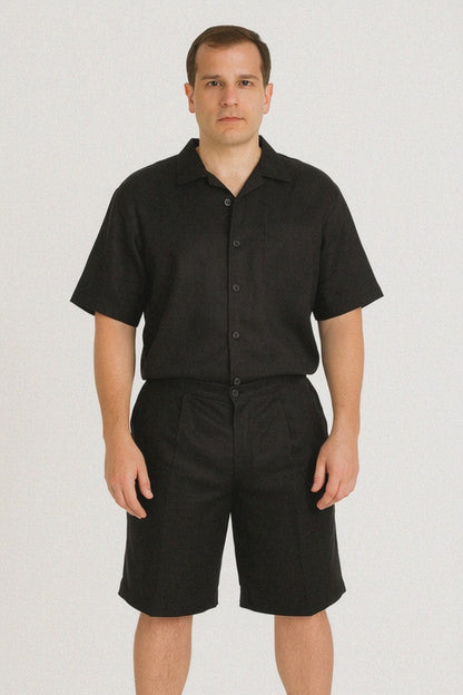 Men's Shirt And Shorts Black Two Piece Casual Set Walking Leisure Suit - Mens Suit