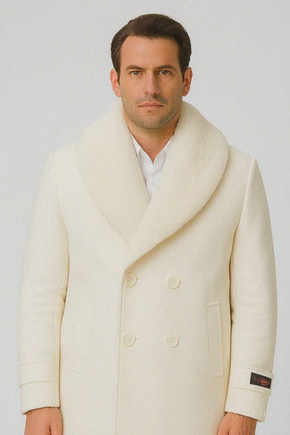 Men’s Ivory Double-Breasted Peacoat Overcoat with Faux Fur Shawl Collar – Alberto Nardoni Wool Collection