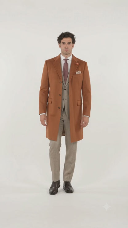 Men's Dress Coat 3 Button Copper ~ Rust ~ Cognac Dakr Orange Wool Overcoat