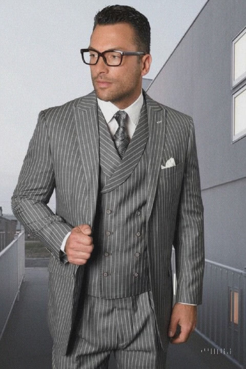 Mens Gangster Pinstripe 2 Button Double Breasted Vest Grey Suit