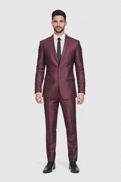 Men'S Slim Fit Shiny Burgundy ~ Maroon Suit ~ Wine Color Sharkskin Cheap Business Suits Clearance Sale