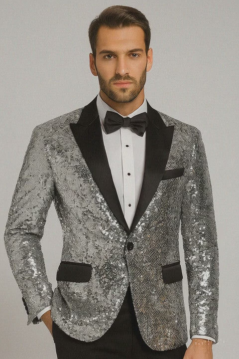 Silver Sequin Tuxedo Jacket for Men with Black Satin Lapel