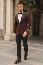 Men’s Burgundy Paisley Tuxedo Jacket – Slim Fit Dinner Blazer with Black Satin Lapel With Bowtie