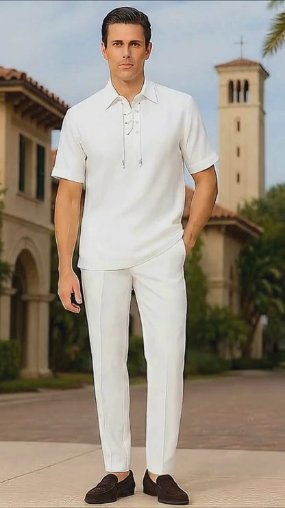 Men’s White Lace-Up Shirt and Pants Set – Casual Summer Two-Piece Outfit With Walking Suit Plus Matching Pants