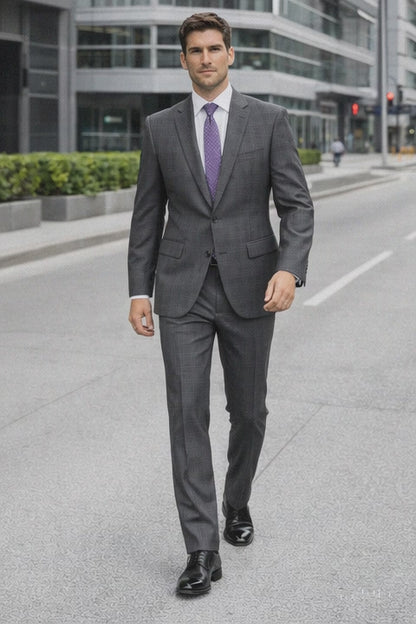 2 Button Slim Fitted Charcoal Glen Plaid & checkered check pattern Suit Men's