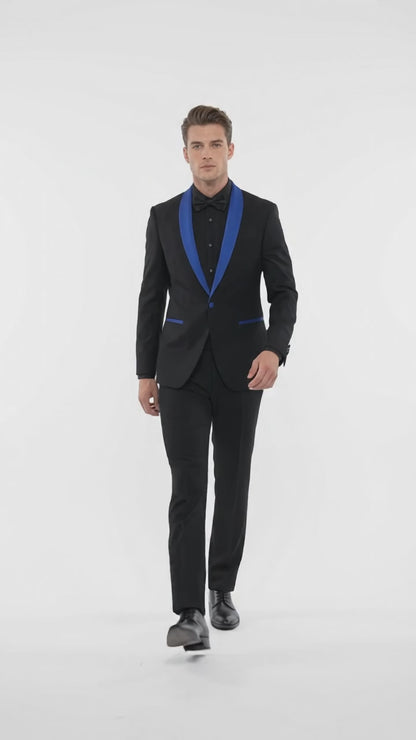 Men’s Black One-Button Suit with Royal Blue Shawl Lapel – Prom & Formal Suit