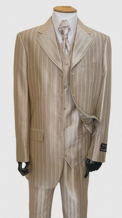 Zoot Suit - Shiny Gold Champaign Mens Harlem Gangster Suit 1920s Tan Stripe Fortino 2911V