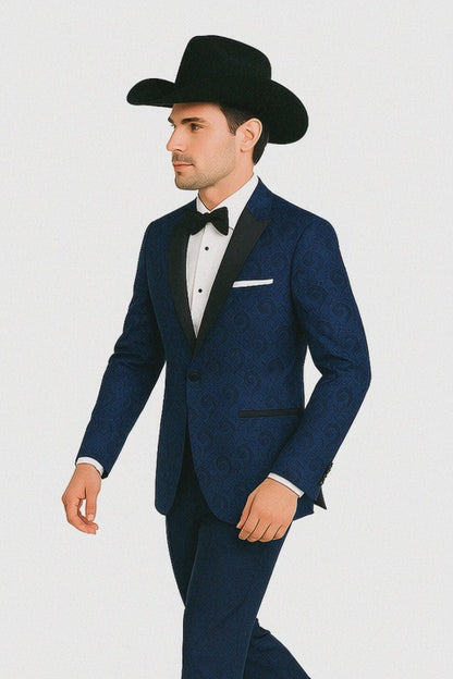 Western Suit - Trajes Para Hombres - Cowboy Formal Attire - Trajes De Novio - Peak Lapel Single Breasted Blue Suit