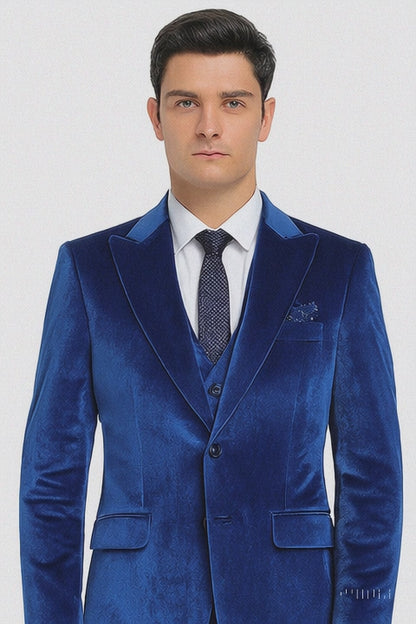Tazzio Men’s Royal Blue Velvet Suit – Slim Fit 2-Piece Peak Lapel Formalwear