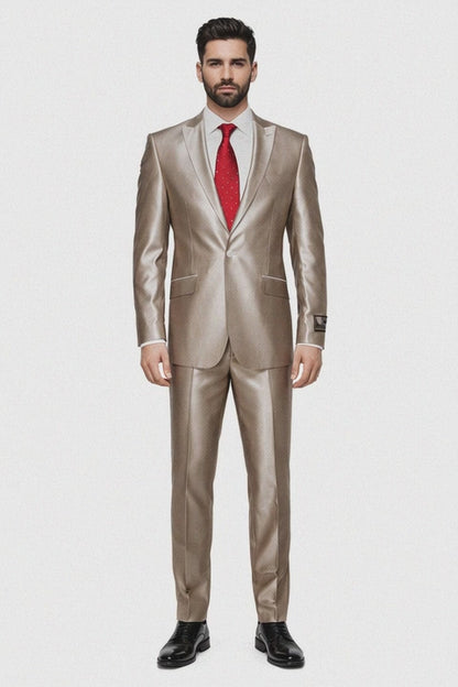 Champagne Suit Shiny Sharkskin Flashy Tan~champagne ~ Beige~Taupe 2 Button Style Jacket Flat Front Pants Notch Collar