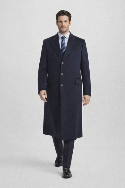 Men'S Dress Coat Long Wool Winter Dress Knee Length Coat 45 Inch Navy Blue Men'S Overcoat Classic Model Features Button Front Wool 3 Button Style