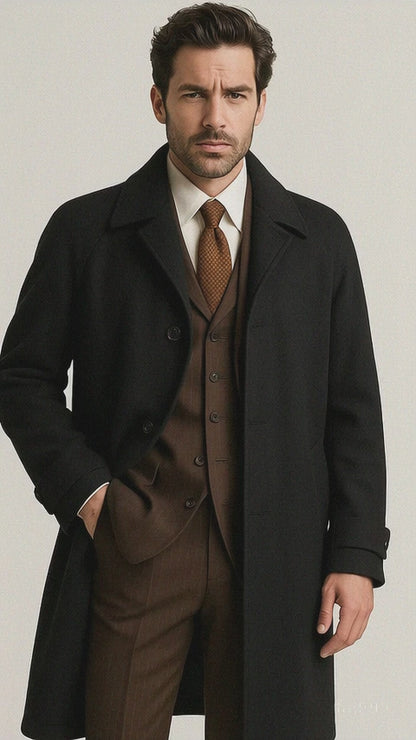 Men's  Peak Lapel Diamond Duster Overcoat Black