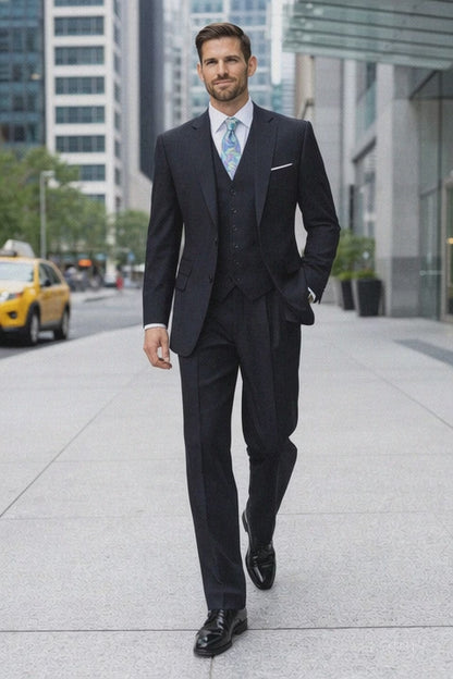 Men's Dark Navy 2 button Ticket Pocket Lapeled Vested 100% Wide Leg Pleated Pants - Dark Blue Suit Color - 100% Percent Wool Fabric Suit - Worsted Wool Business Suit