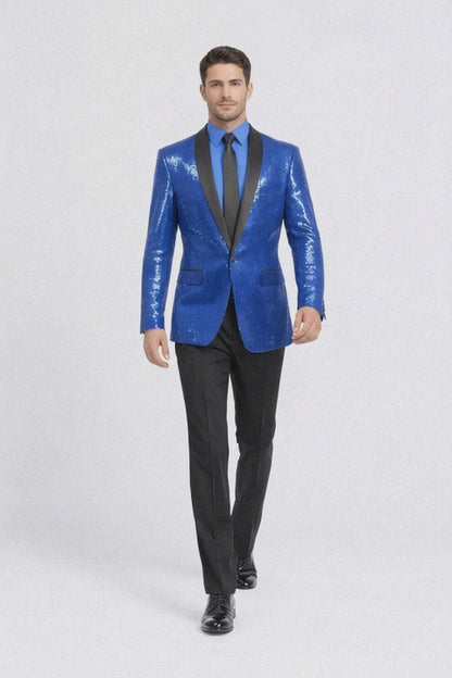 Shiny Flashy Sharkskin Metallic Sapphire Blue Sequin Formal Royal Color Tuxedo Shawl Lapel Sport coat Jacket