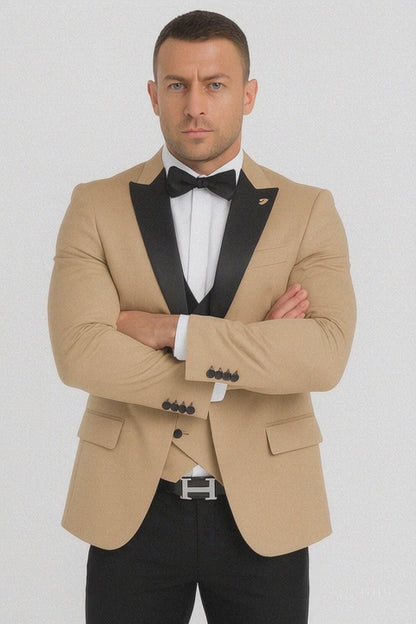 Mens One Button Peak Label Suit Tan