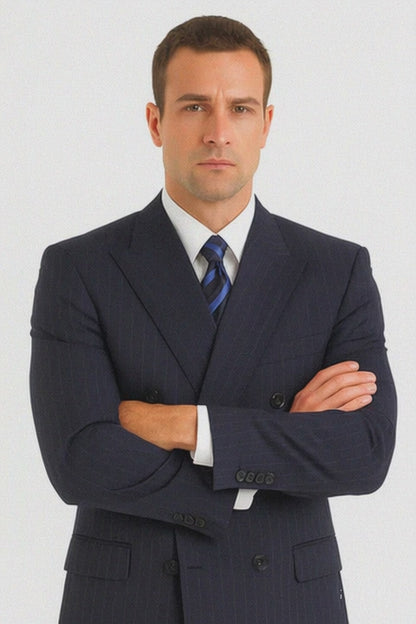 Men's Double Breasted Suits Navy Blue Suit For Men/PS Suit With Smooth Stripe ~ Pinstripe Full Canvanced Poly~Rayon Feel Pleated Pants