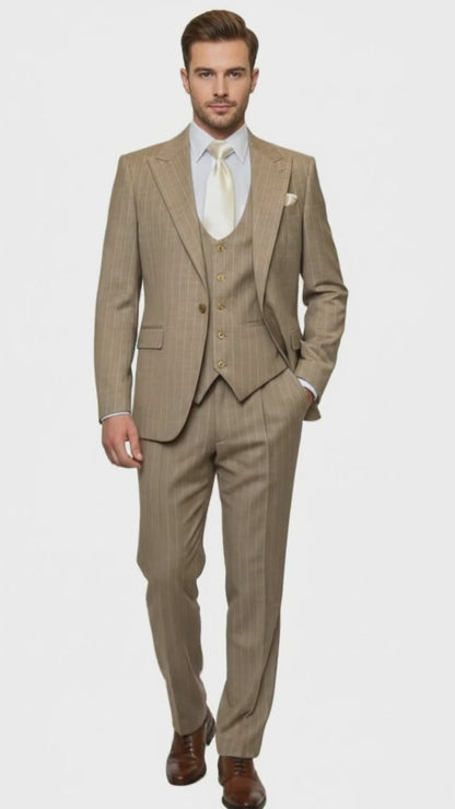 Men’s Beige Pinstripe Three-Piece Suit – Classic Fit Formal Suit with Vest and Flat-Front Pants in Tan Stripe By Rossiman