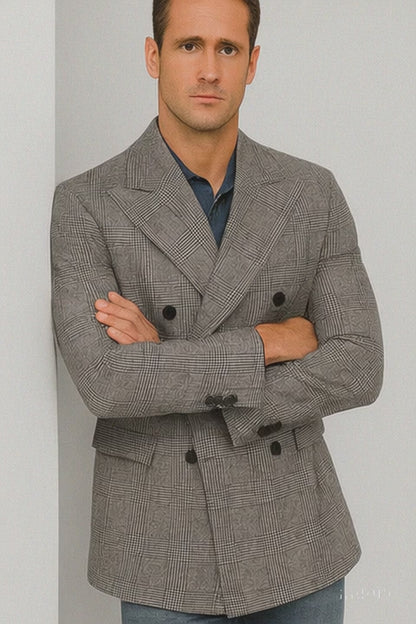 Houndstooth Plaid Peacoat - Gray And Black Patterned Wool Fabric Car Coat