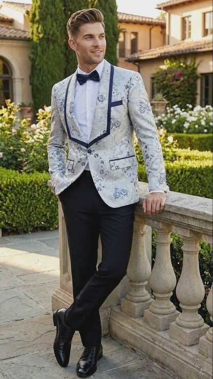 Men’s White and Navy Blue Lapel  Floral Jacquard Blazer with Contrast Shawl Lapel – Luxury Wedding and Party Wear Jacket paisley Tuxedo Navy Pants