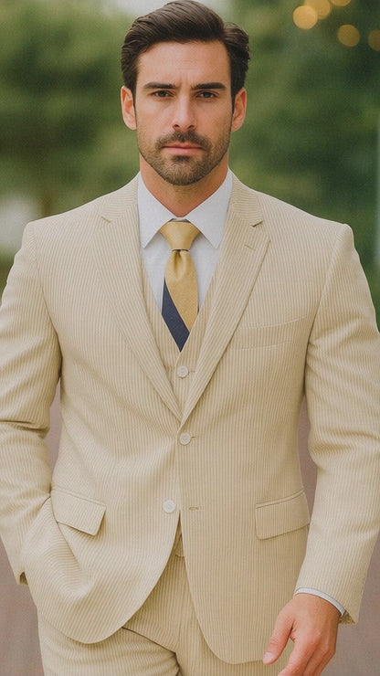 Sear Sucker Suit Mens 3pc 100% Cotton Seersucker Sear sucker suits Tan - High End Suits - High Quality Suits Modern Fit