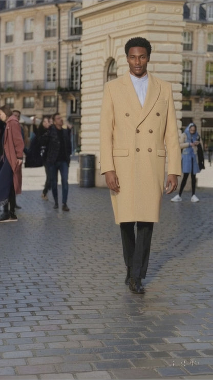 Men's Dress Coat Wool Blend Double Breasted Camel Back Vent Peak Lapel Overcoat Bronze Color Alberto Nardoni Collection