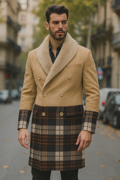 Tan Plaid Wool Overcoat for Men – Stylish Winter Peacoat