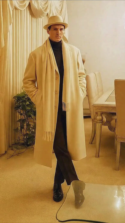 Men’s Long Cream Overcoat Wool Fabric in Ivory Off White Color Full length