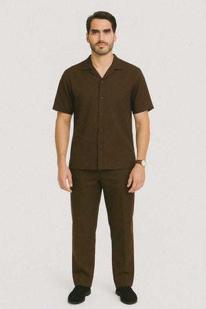 Mens Walking Suits Casual Two Piece Sets Summer Short Sleeve Shirt & Pants Casual Two Piece Mens Walking Suit Plus Matching Pants Outfit For Sale Pant Sets Casual Suit Set Men'S Suit 100% Mens Linen Suit - Fabric – Brown