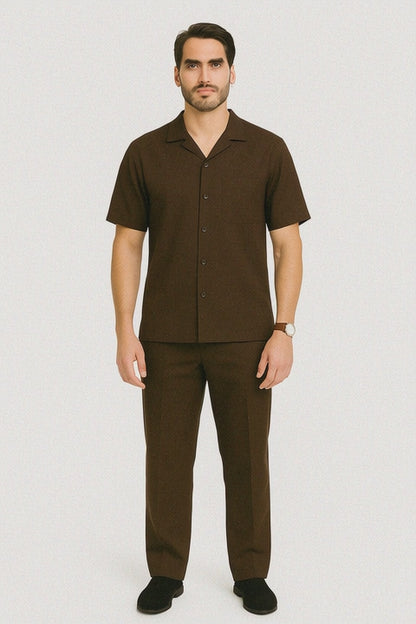 Mens Walking Suits Casual Two Piece Sets Summer Short Sleeve Shirt & Pants Casual Two Piece Mens Walking Suit Plus Matching Pants Outfit For Sale Pant Sets Casual Suit Set Men'S Suit 100% Mens Linen Suit - Fabric – Brown