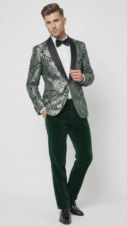 Men’s Emerald Green and Gold Floral Jacquard Tuxedo Suit, Black Satin Shawl Lapel Wedding Prom Formal Suit