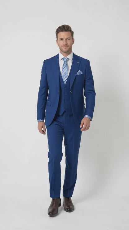 Men’s Royal Blue 3 Piece Vested Suit, 2 Button Peak Lapel Formal Wedding Prom Business Suit