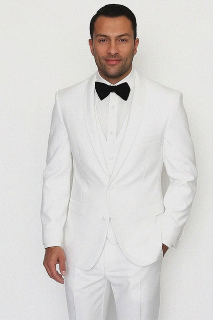 Mens Wool One Button Modern Fit Vested Shawl Prom Tuxedo in White