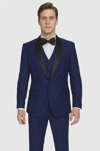Teal Blue Indigo ~ Bright Blue Cobalt Blue (Dark Royal) Single Button Vested Black Lapel Two Toned Blue Tuxedo Shawl Collar