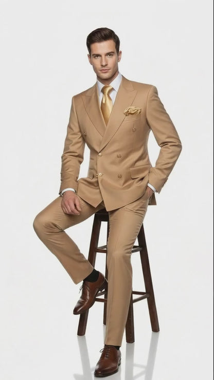 Mens Camel - Bronze - Goldish khaki Double-Breasted Suit – Luxury 2-Piece Formal Set with Gold Buttons and Peak Lapels by Rossi Man Modern Fit