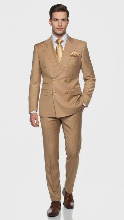 Mens Camel - Bronze - Goldish khaki Double-Breasted Suit – Luxury 2-Piece Formal Set with Gold Buttons and Peak Lapels by Rossi Man Modern Fit