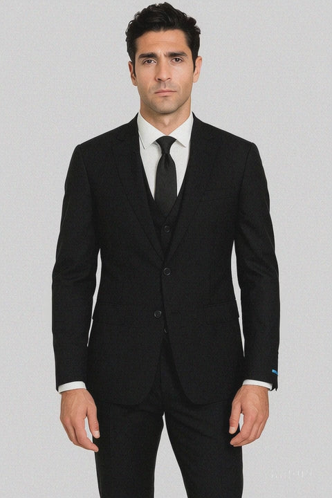 Black Birdseye Pattern Slim Fit Men’s Two Button Vested Suit