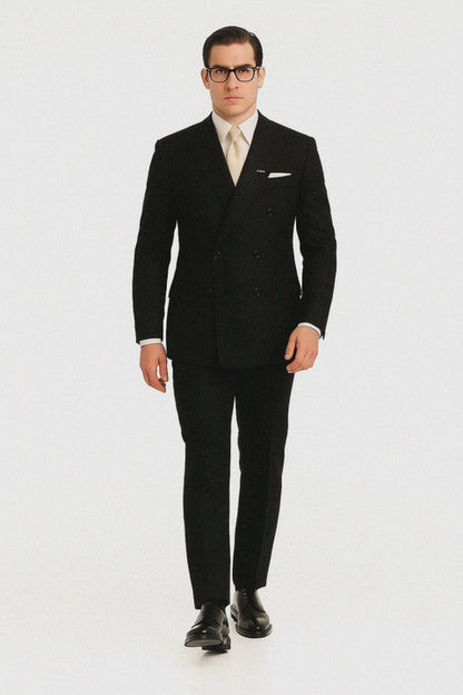 Men's Legend Tom Hardy Look Double Breasted Solid Black Suit