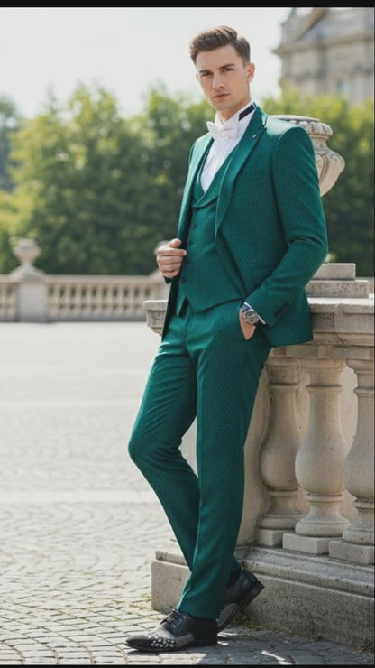 Men’s Emerald Green Textured 3-Piece Suit – Polk Dot Pattern Formal Wedding, Prom, and Evening Wear Outfit
