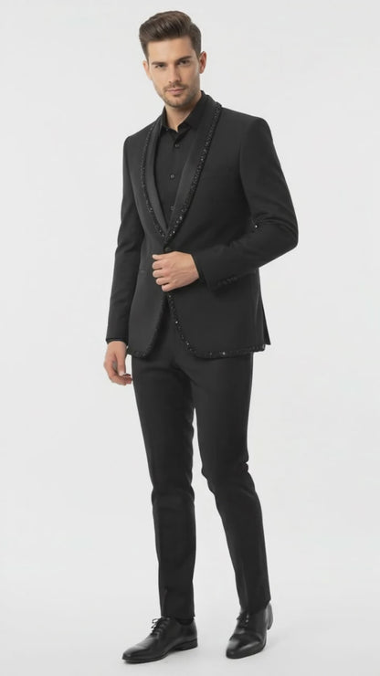 Mens Classic Black Designer Blazer with Beaded Lapel – Elegant Formal and Party Wear Dinner Jacket For Groom
