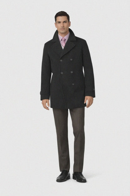 COAT08 Men'S Dress Coat Wool Blend,Broad Lapel High-Buttoned Collars Black Men'S Overcoat/Double Breasted Side Pocket