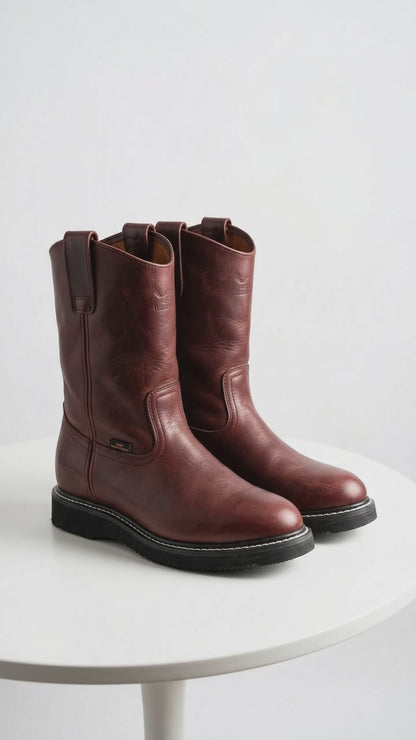 Los Altos Men’s Burgundy Grasso Nappa Leather Work Boots, Pull-On Western Work Boots – Botines Para Hombre