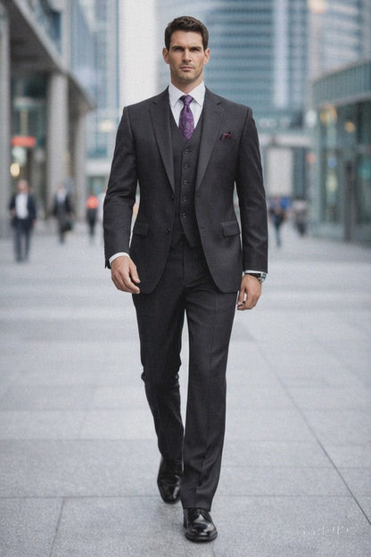 Mens Three Piece Suit - Vested Suit 2 Button Solid Color Heather Charcoal Men'S Suit