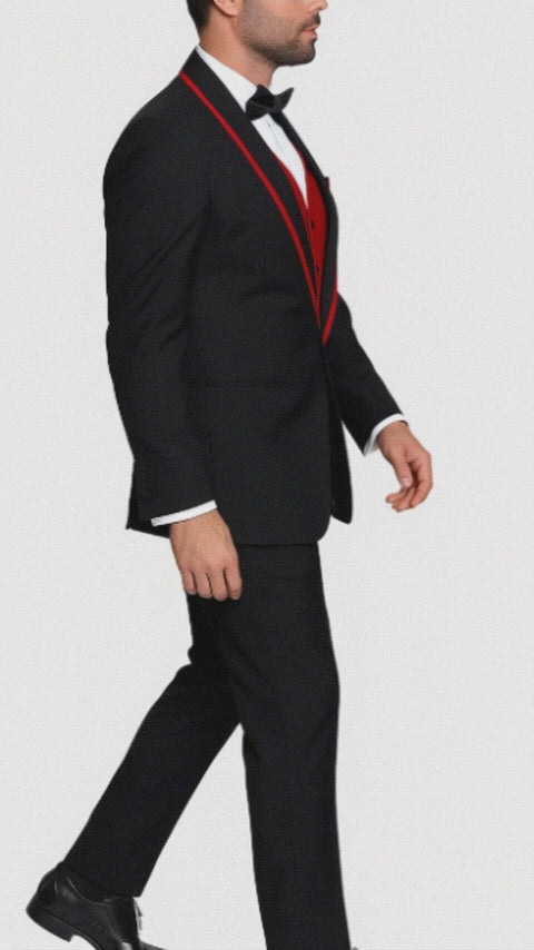 Black with Red Lapel Vested 100% Wool Tuxedo