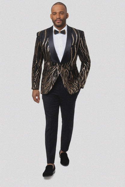 EJ Samuel Black & Gold Sequin Shawl Lapel Tuxedo Jacket