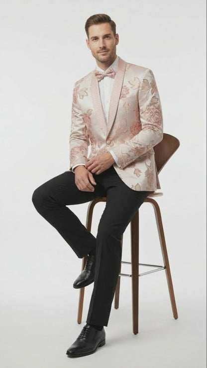 Men’s Pink Blush Floral Jacquard Blazer with Embellished Shawl Lapel – Luxury Party and Wedding Wear Jacket