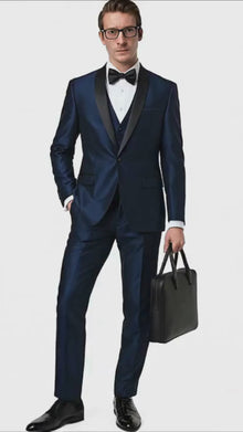 Men’s Light Navy Blue Satin Tuxedo with Black Shawl Lapel and Three-Piece Design in Spahire Blue Color