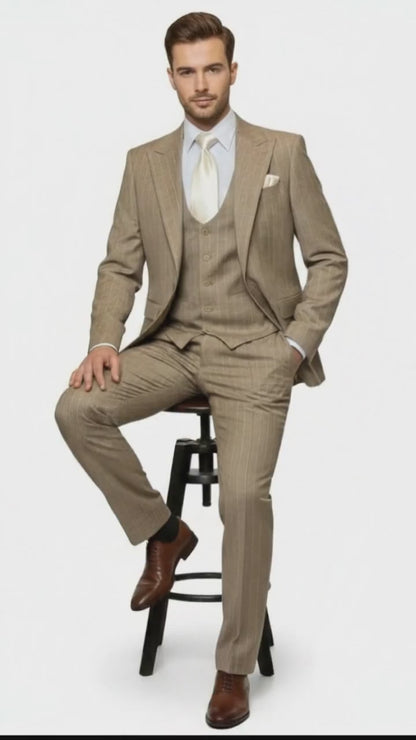 Men’s Beige Pinstripe Three-Piece Suit – Classic Fit Formal Suit with Vest and Flat-Front Pants in Tan Stripe By Rossiman