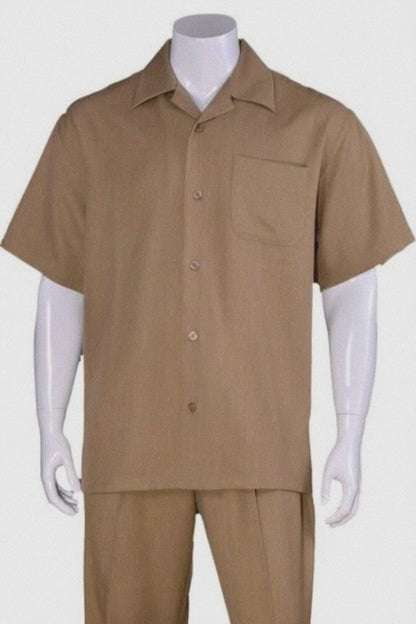 Walking Suit Short Sleeve Casual Shirt and Pants Set - Tan