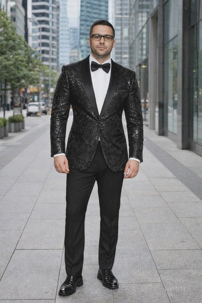 Men'S Sharkskin Flashy Stage Shiny Sequin Paisley Blazer Dinner Jacket 1 Button Black Sport Coat Jacket