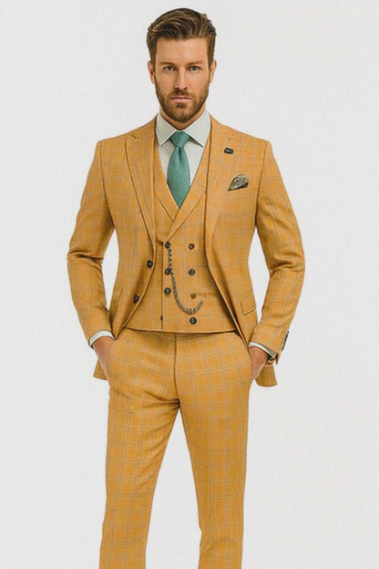 Men’s Stylish Plaid Wedding Suit – Yellow 3-Piece Ensemble Modern Fit